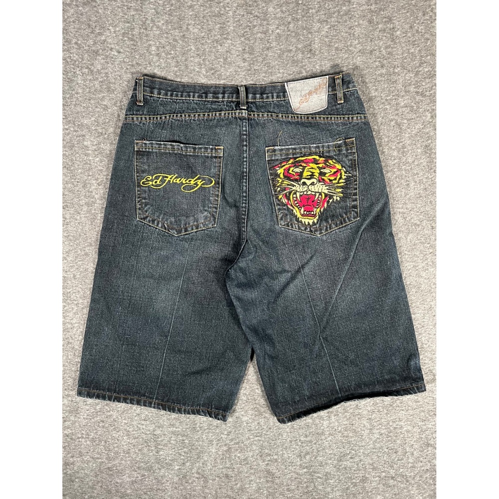 Vtg Ed Hardy Christian Audigier Mens Tiger Embroidered Denim Shorts Dark Wash 36